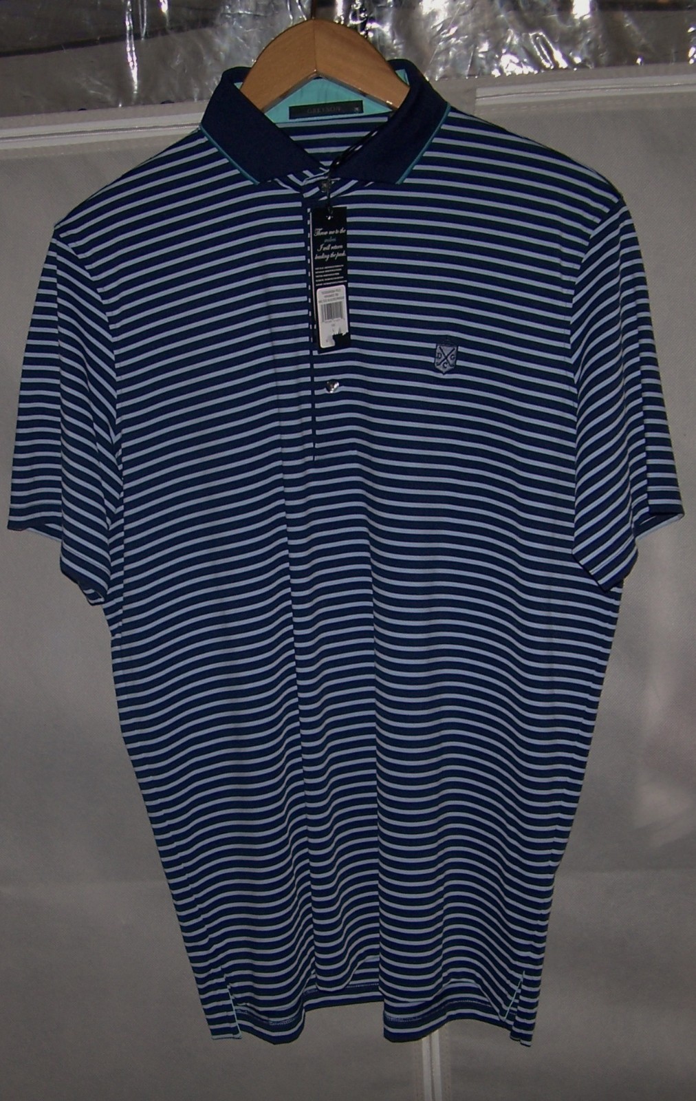 NEW $110 GREYSON Polyester Spandex Polo Shirt DEEPDALE GOLF CLUB M Blue Stripes