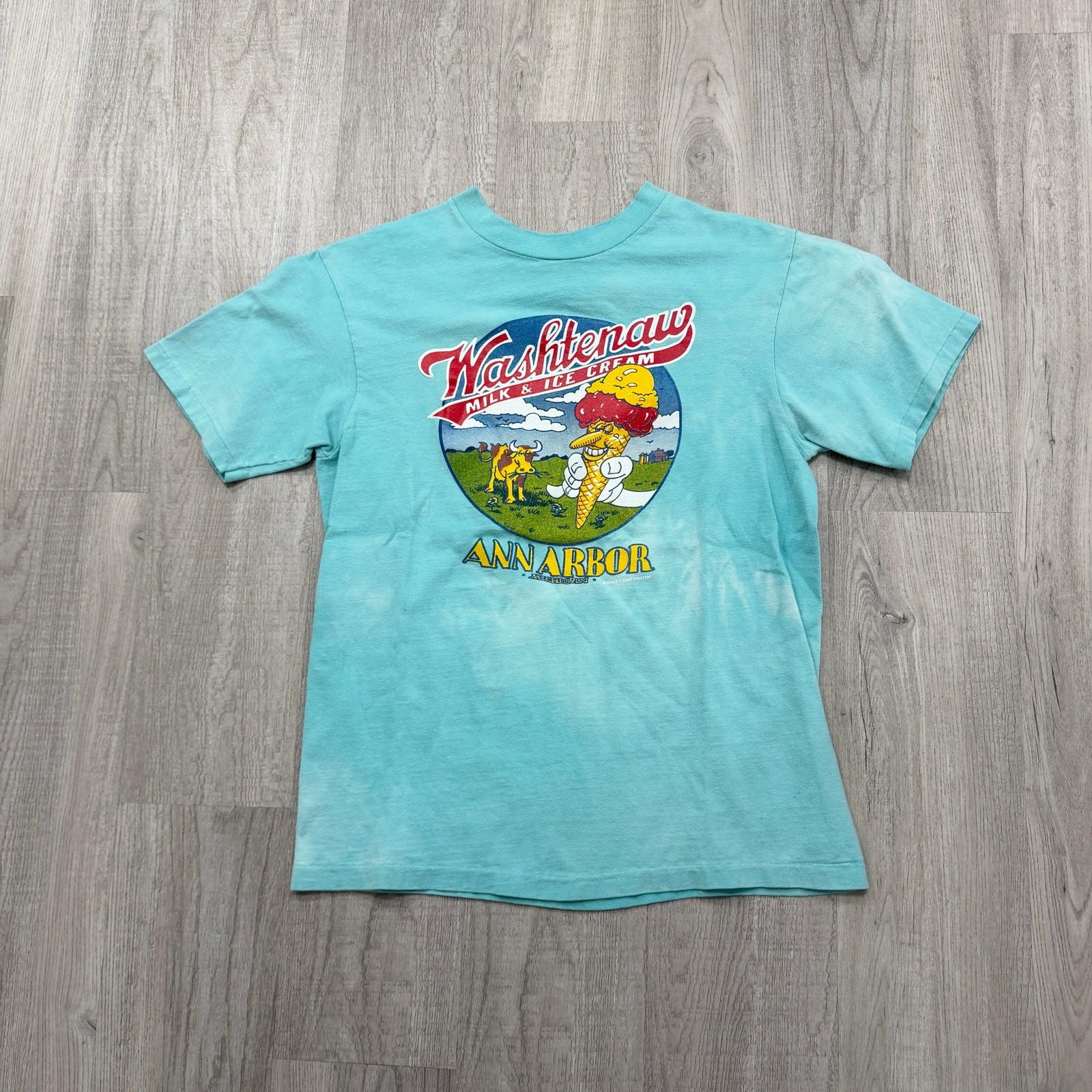 Vintage Washtenaw Milk & Ice Cream Ann Arbor Shirt Men’s Medium Teal Faded 80s