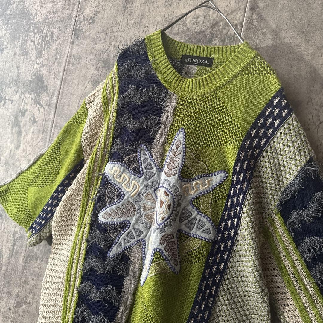 Retro 3D Summer Knit Half Sleeve Green Navy M Unisex