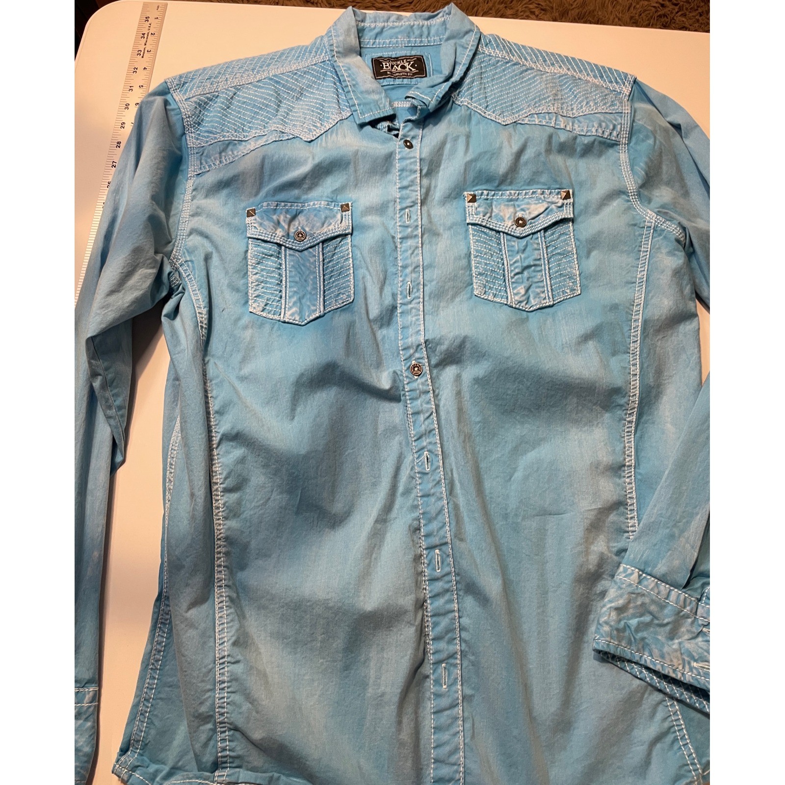 Buckle Black Mens XL Athletic Fit Western Button Down Shirt Blue Contrast Stitch