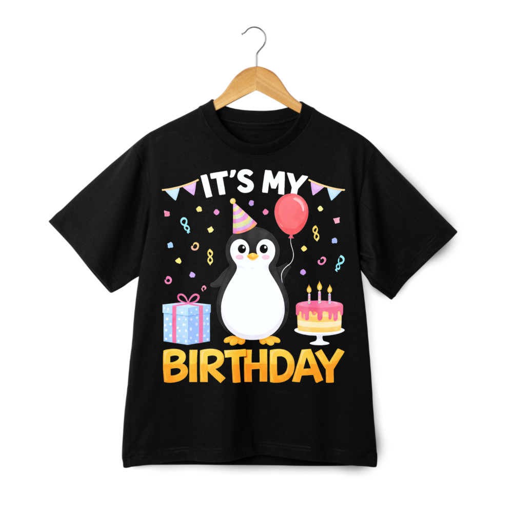 Penguin Birthday Party Print T-Shirt, Festive Animal Casual Tee