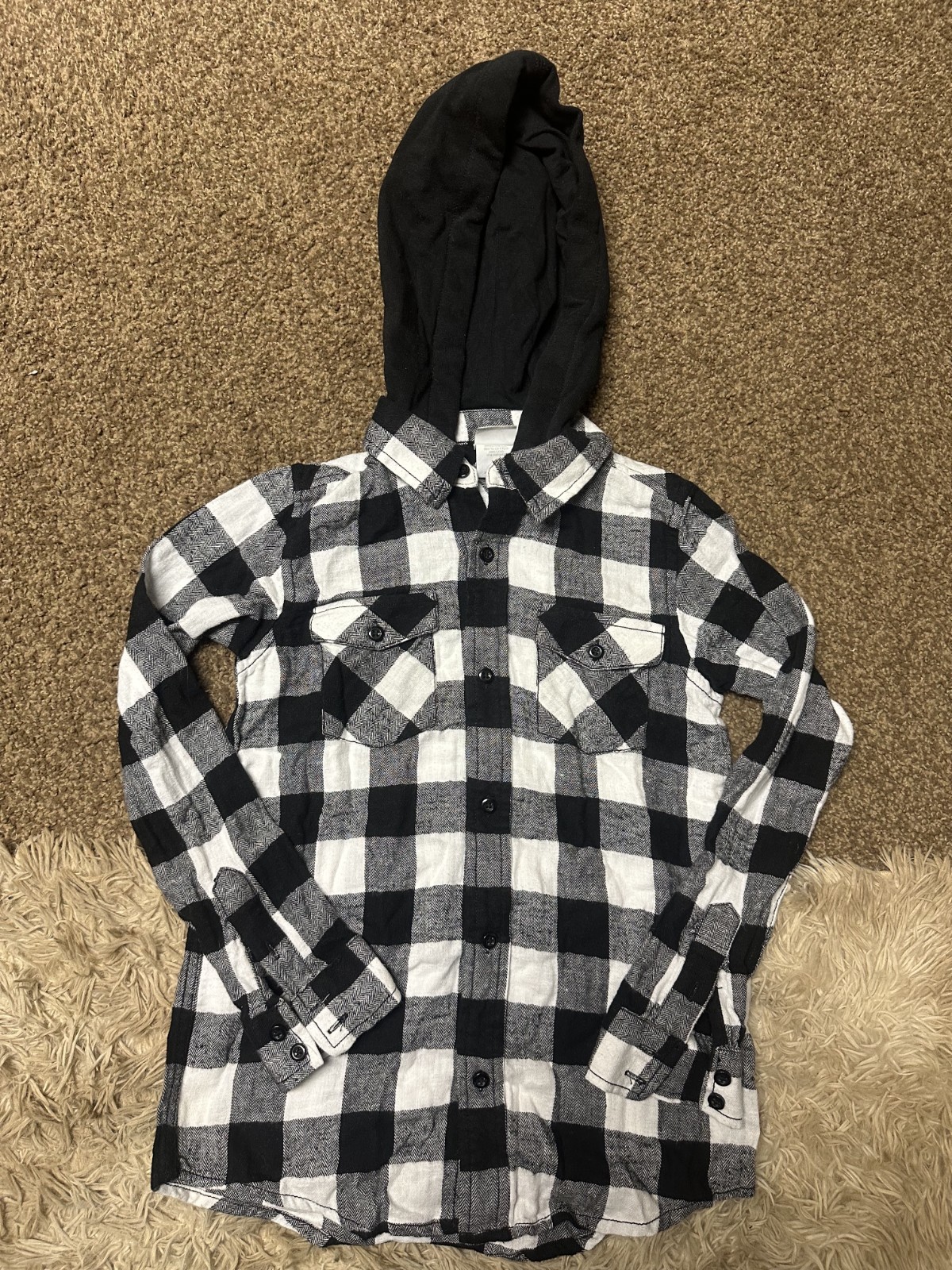 Men’s Utility Hooded Flannel Shirt Medium Black White Plaid Button Long Sleeve
