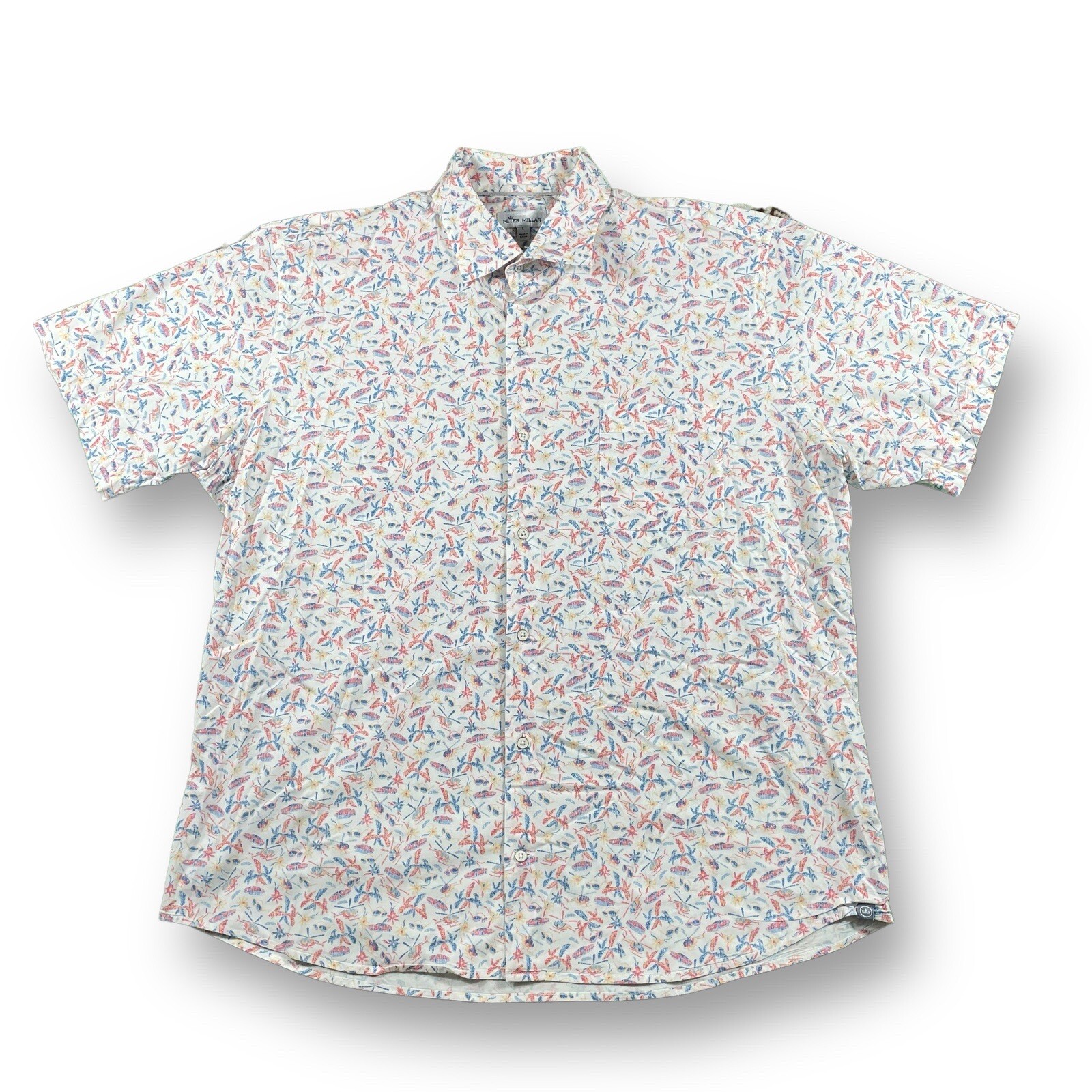 Peter Millar Oahu Stretch S/S Button Front Shirt Helicopter Cars AOP Mens L EUC