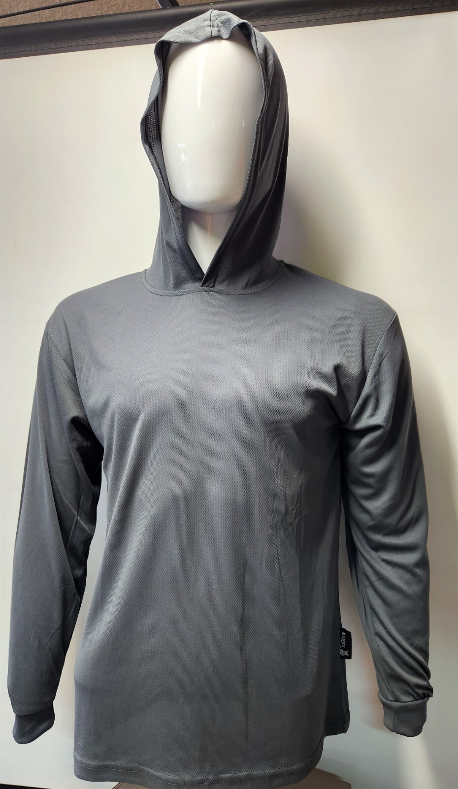 Gray Long Sleeve Shirt With Hoodie, Polyester birdeye mesh fabric