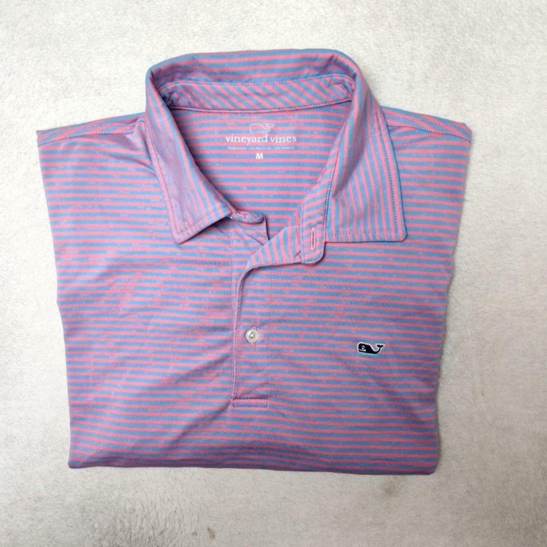Vineyard Vines Polo Shirt Mens M Pink Striped Golf Performance Polyester Spandex