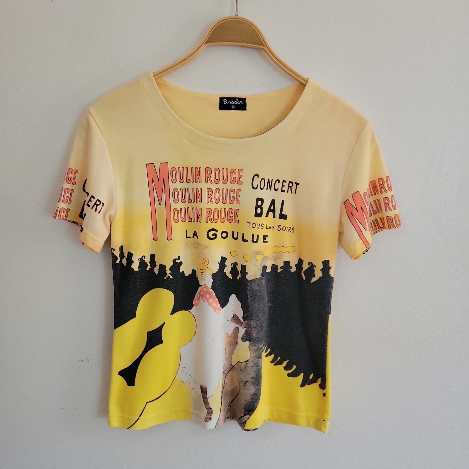 Vintage Breeke Moulin Rouge Graphic T Shirt Large Yellow Scoop Neck 90s Artsy