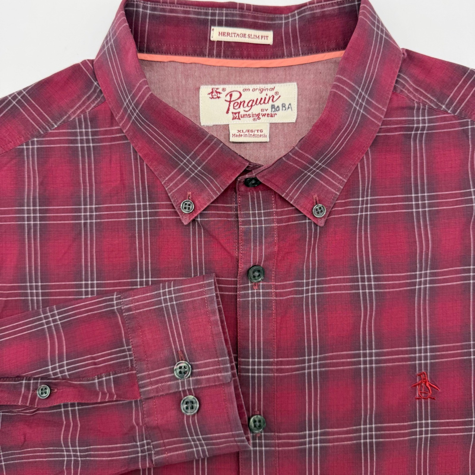 Original Penguin Button Down Shirt Mens XL Burgundy Plaid Heritage Slim Fit