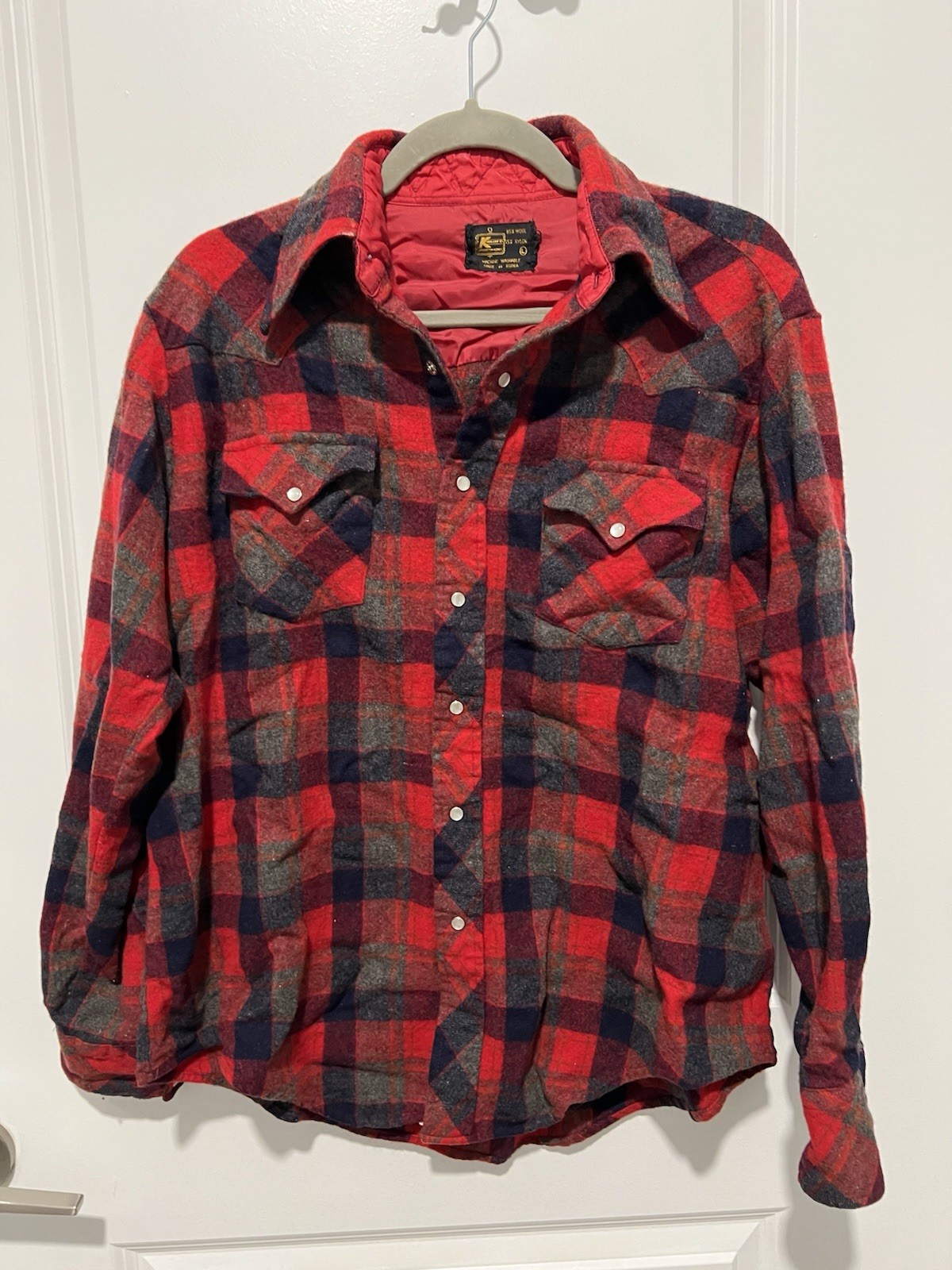 Vintage Kmart Plaid Wool Flannel Button Up Shirt Size L Machine Washable Red