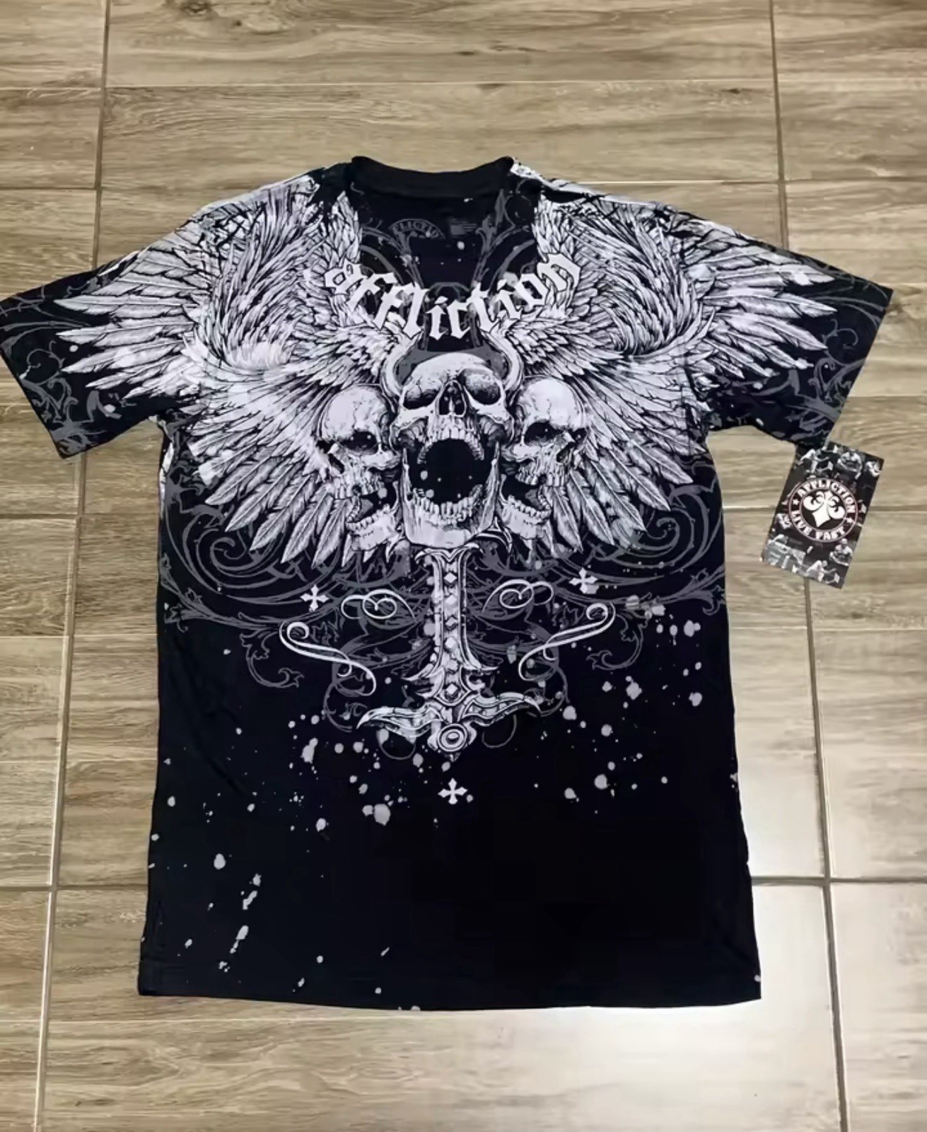 Affliction Men’s Skull Wings Graphic Print Black Cotton Short Sleeve T-Shirt