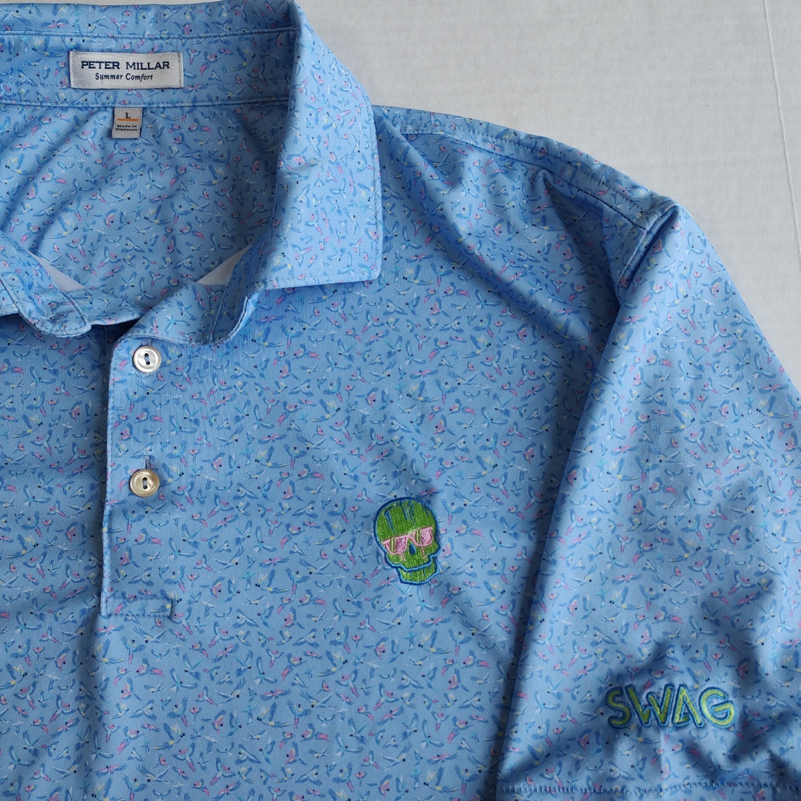 Peter Millar Summer Comfort Macaw Golf Polo Shirt Mens L Blue AOP Skull Swag