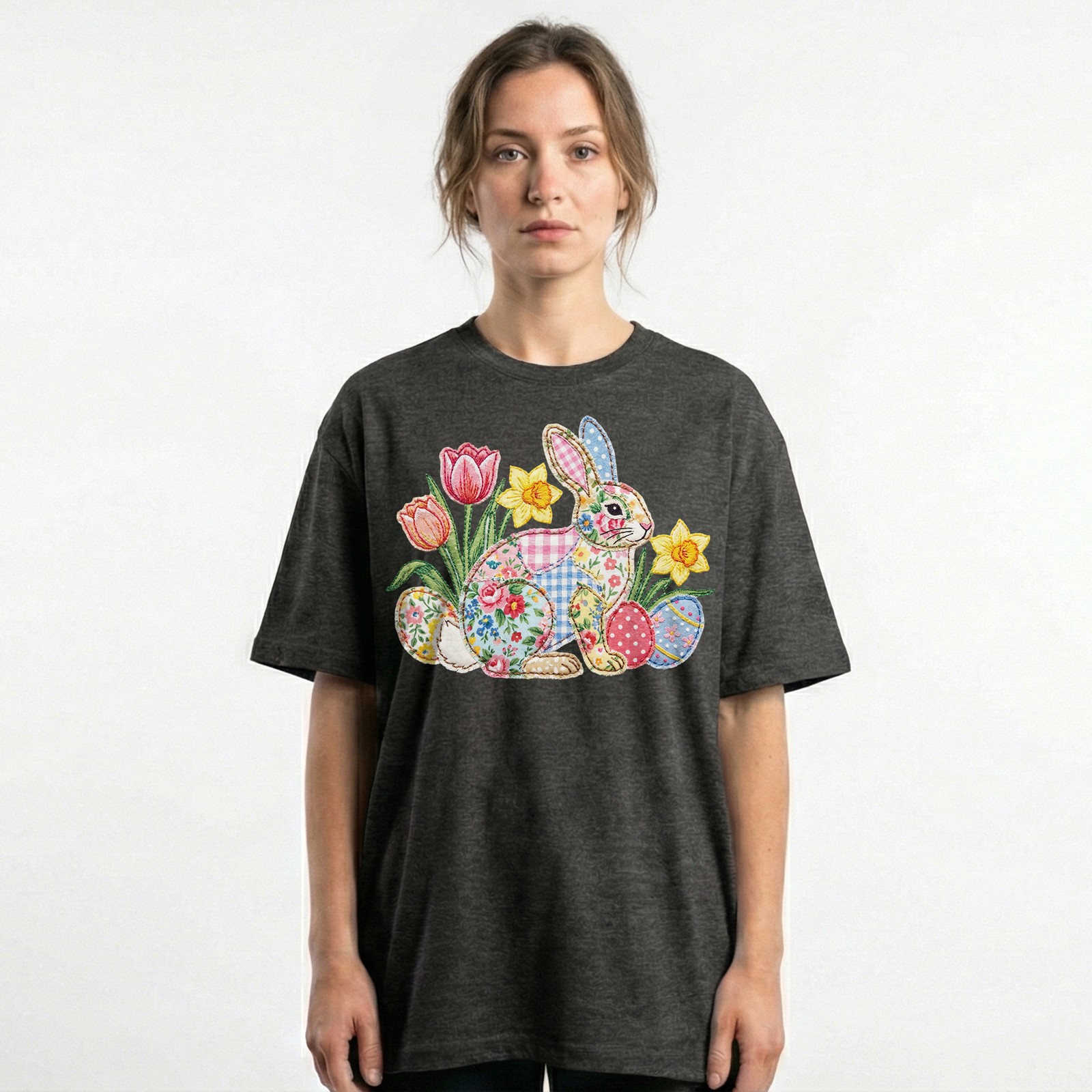 Easter Bunny Patchwork Floral Spring T-Shirt Holiday Cute Pastel Egg Lover Tee