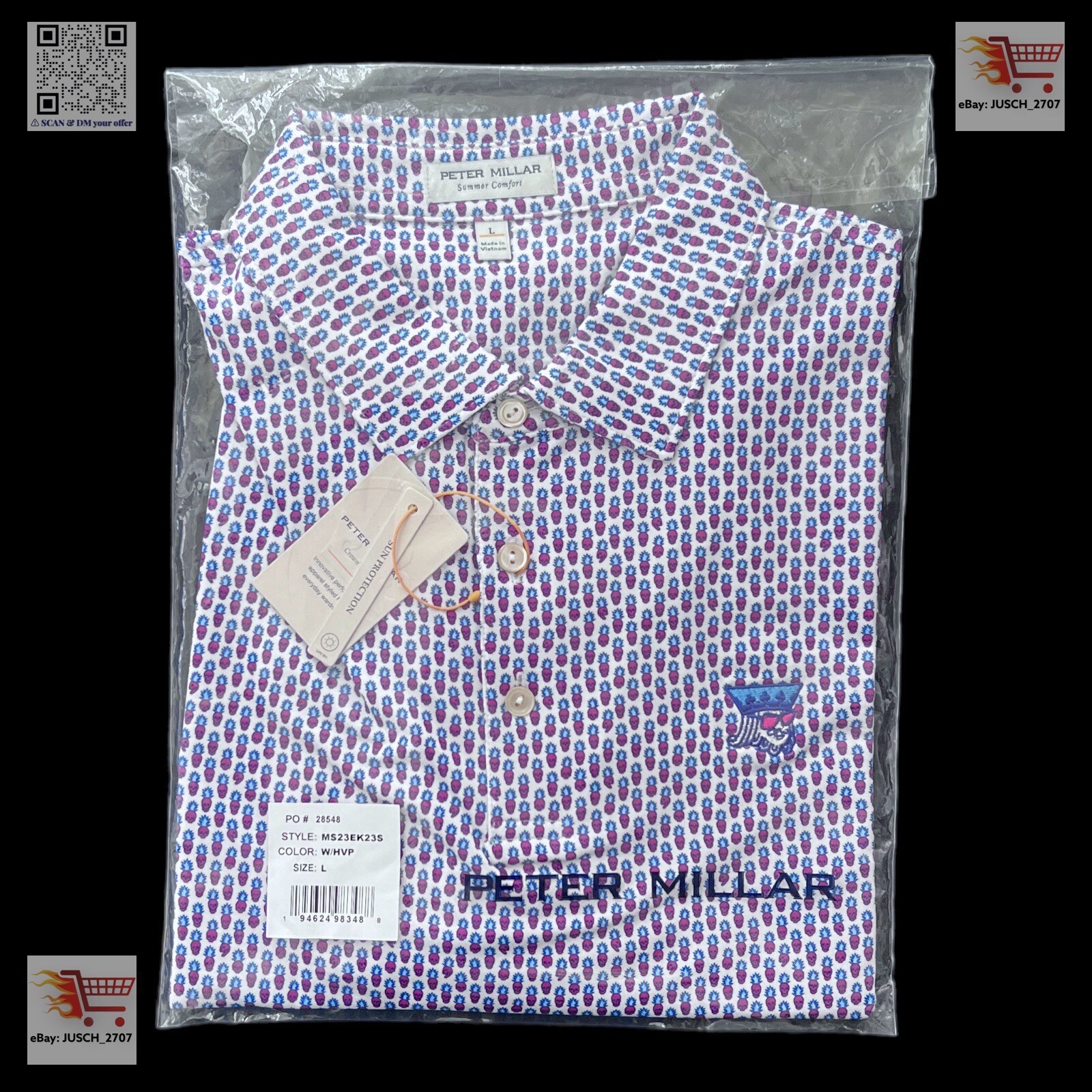 SWAG PETER MILLAR Golf Polo Blue Skull ⛳️ L LARGE ⛳️ Pina Skullada King