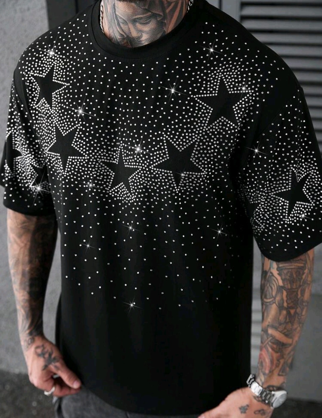 New Men Luxury Diamond Star Rhinestones Fashion Black T-Shirt High Quality