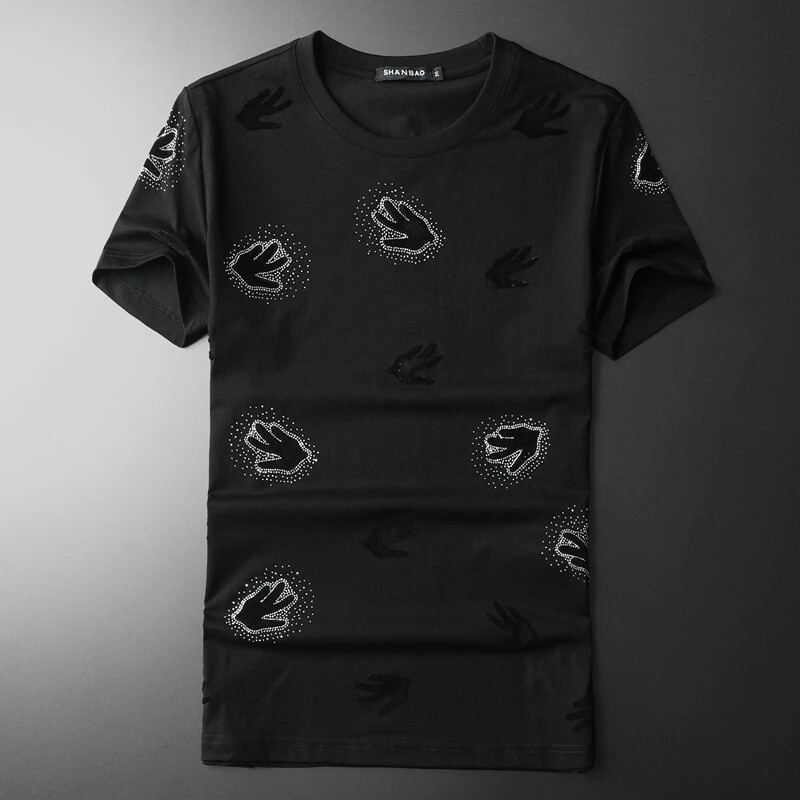 New Men Luxury Diamond Hands Rhinestones Fashion Black T-Shirt High Quality