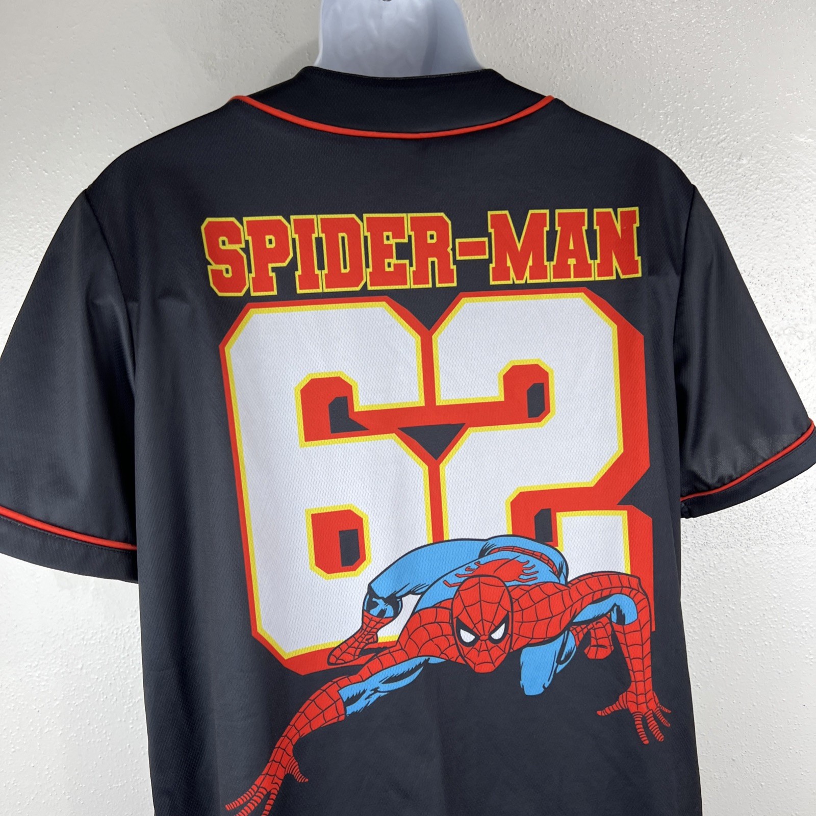 Marvel Spiderman Baseball Jersey Men Medium Button Up Black Red Short Sleeve