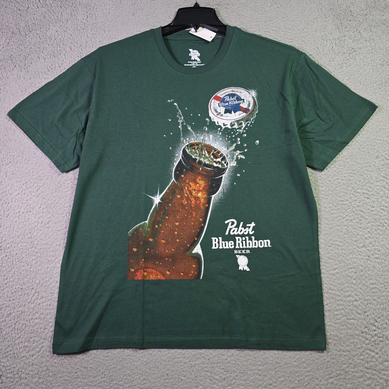 PBR Pabst Blue Ribbon Beer Shirt Mens Large Green Casual Distressed Bottle NWT