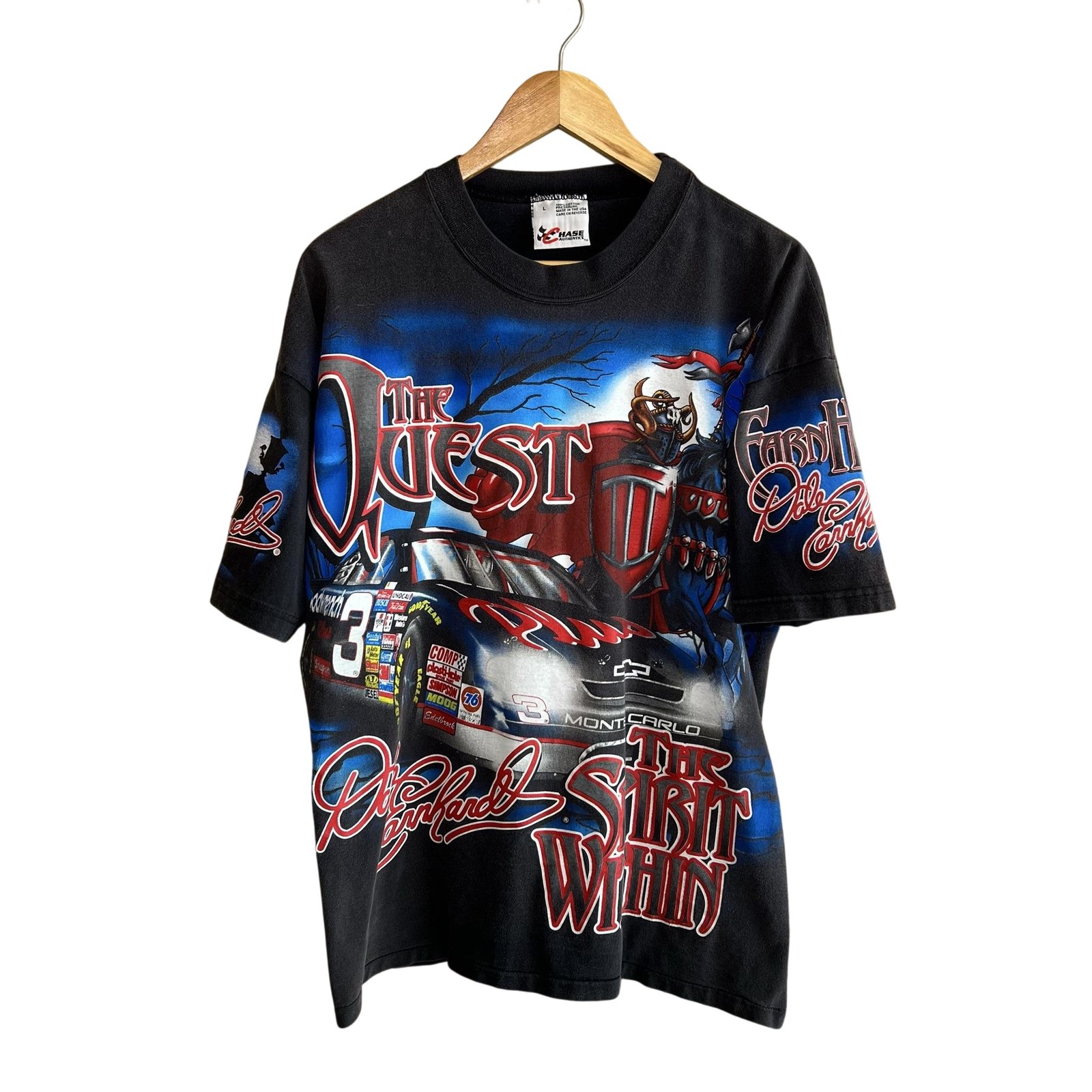 Vintage Dale Earnhardt Quest T Shirt Sz L Black NASCAR 90s AOP All Over Print
