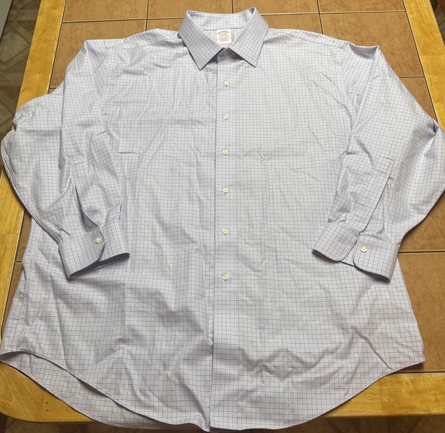 Brooks Brothers Shirt 17.5 33 Purple Plaid Non Iron Stretch Traditional Oxford