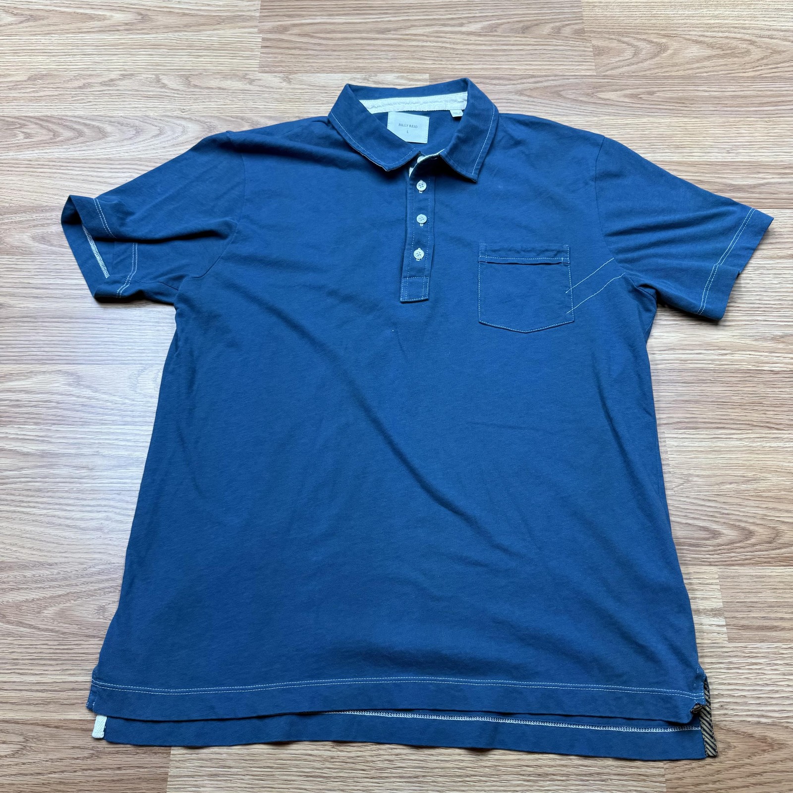 Billy Reid Polo Shirt Mens Large Blue Cotton Pocket 3-Button Made in Peru