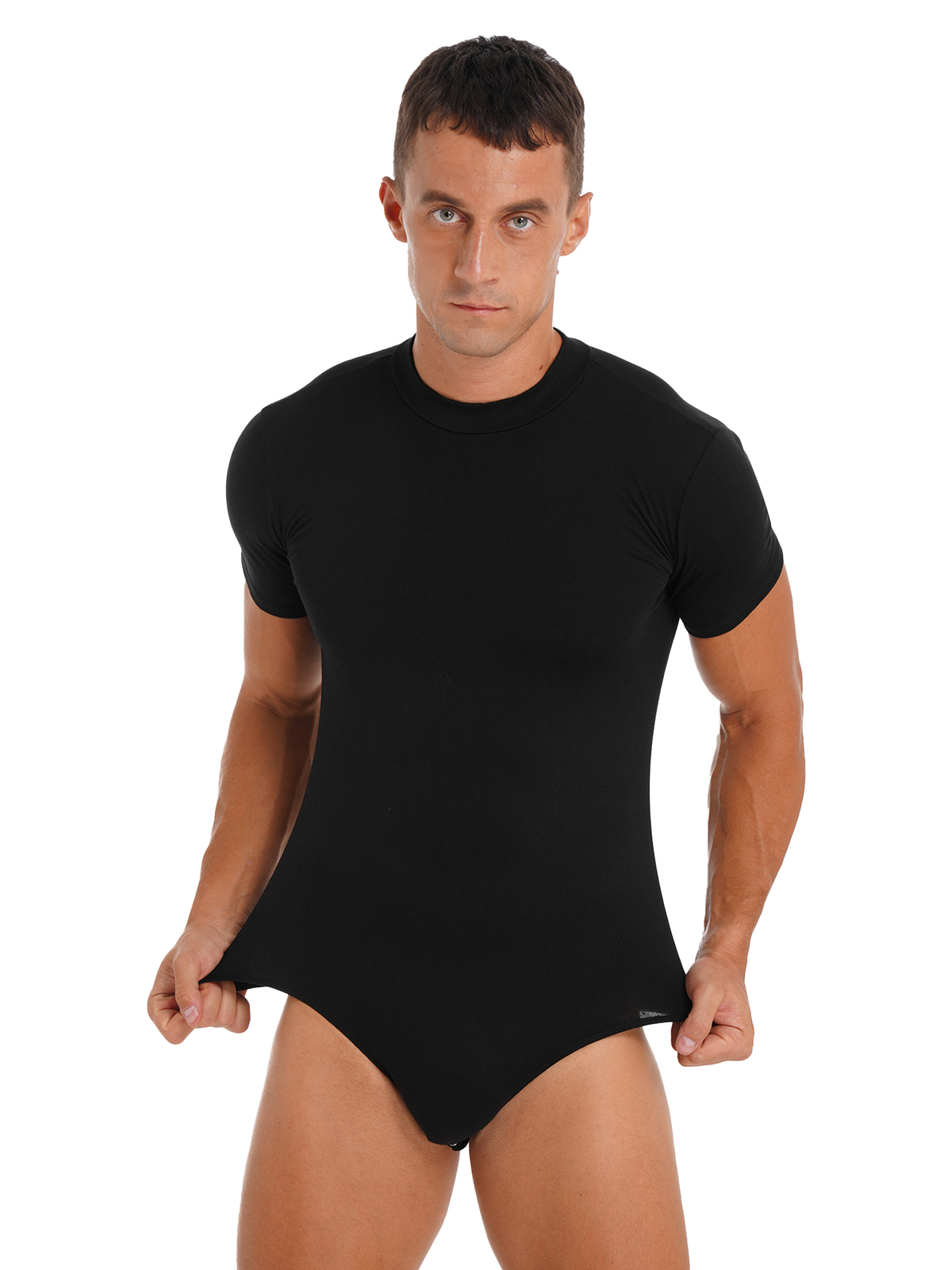 Men Short Sleeve Sport Bodysuit Jumpsuit Leotard Turn-Down Collar Undershirt