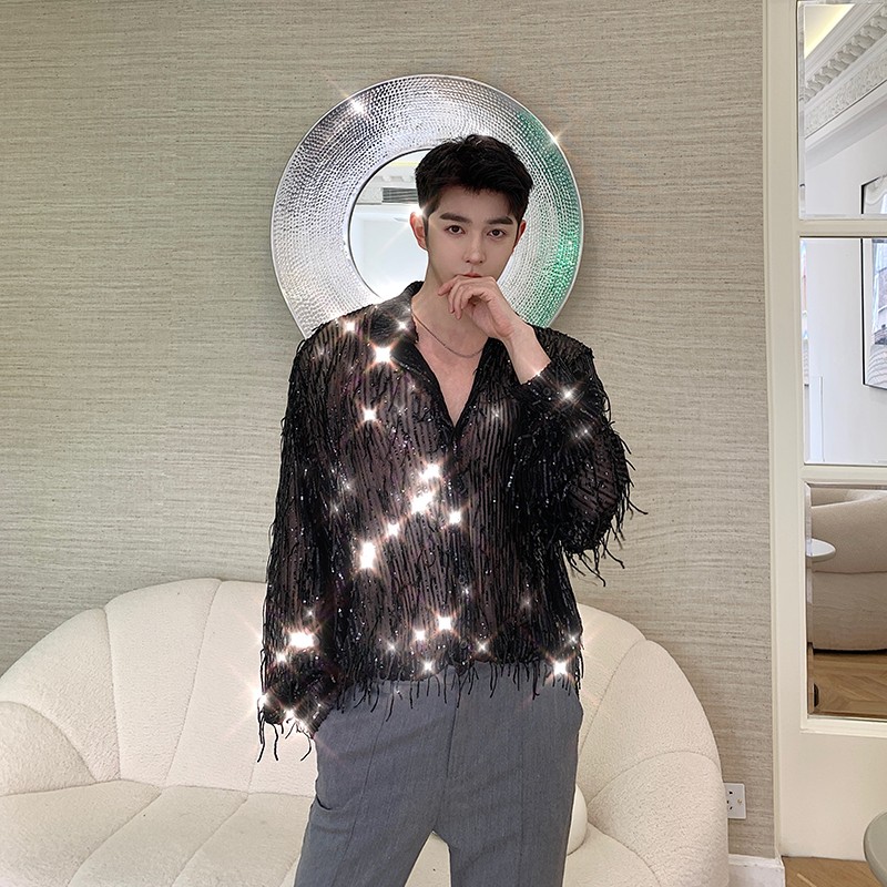 Men Sequin Bling Fringed Shirt Button Sheer Summer Night Club Bar Perform Shiny
