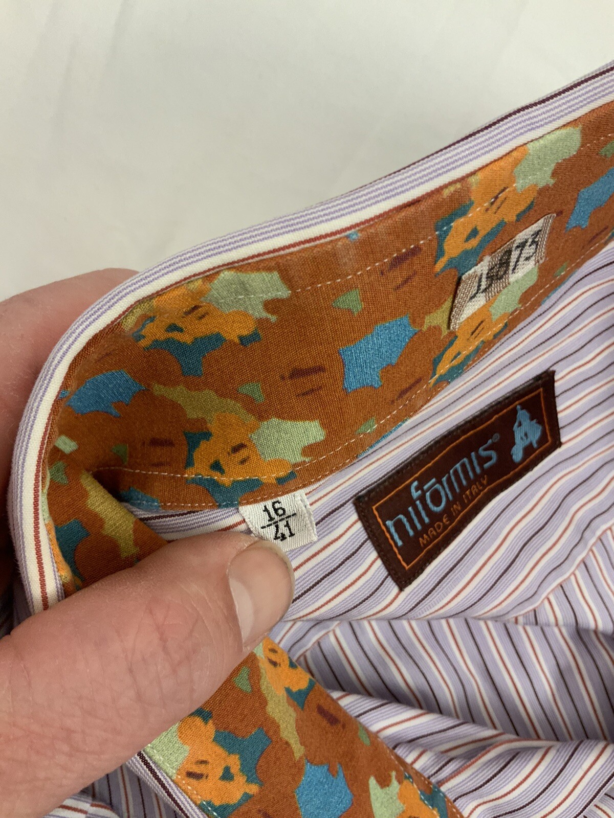Niformis Flip Cuff Shirt 16 35 Purple Stripe 100% Cotton Floral Italy YGI Q1-88