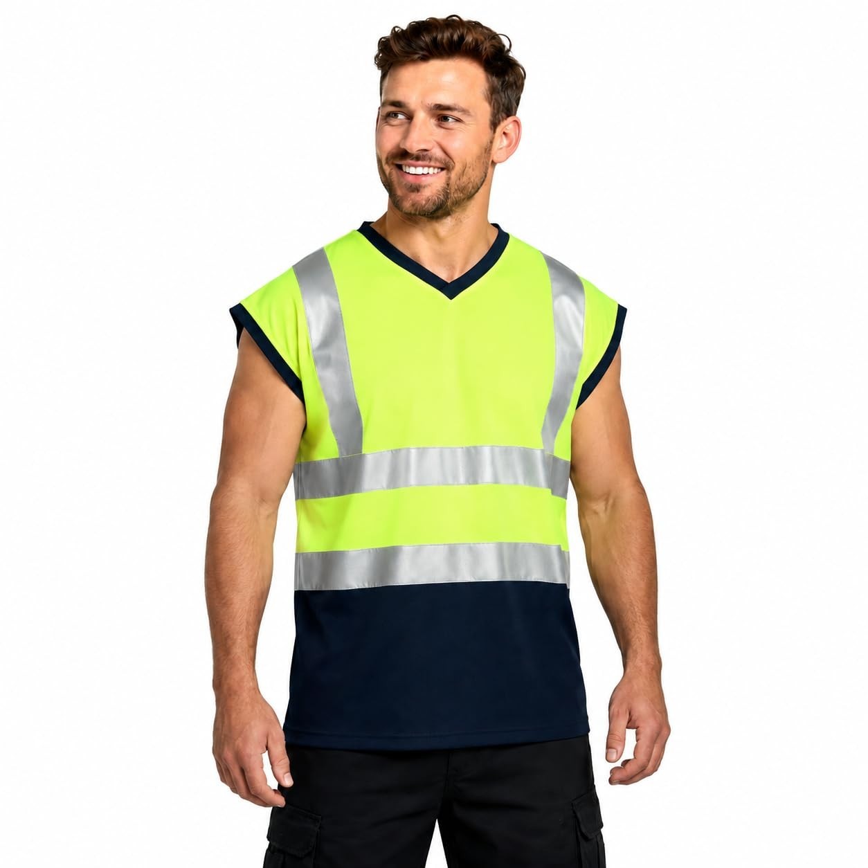 2 Tone Hi Viz Sleeveless T-Shirt V-Neck Sleeveless Safety Security Work Wear Top