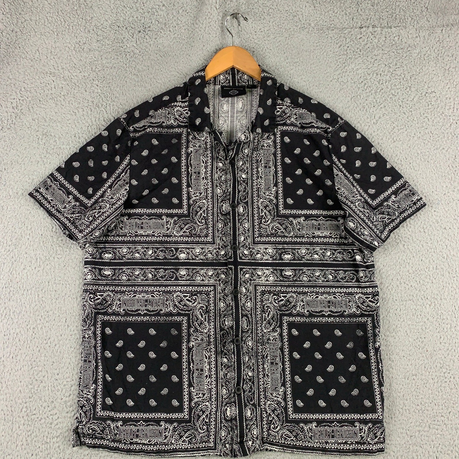 Harley-Davidson Bandana Shirt Men’s Large L Black Paisley Short Sleeve Button Up