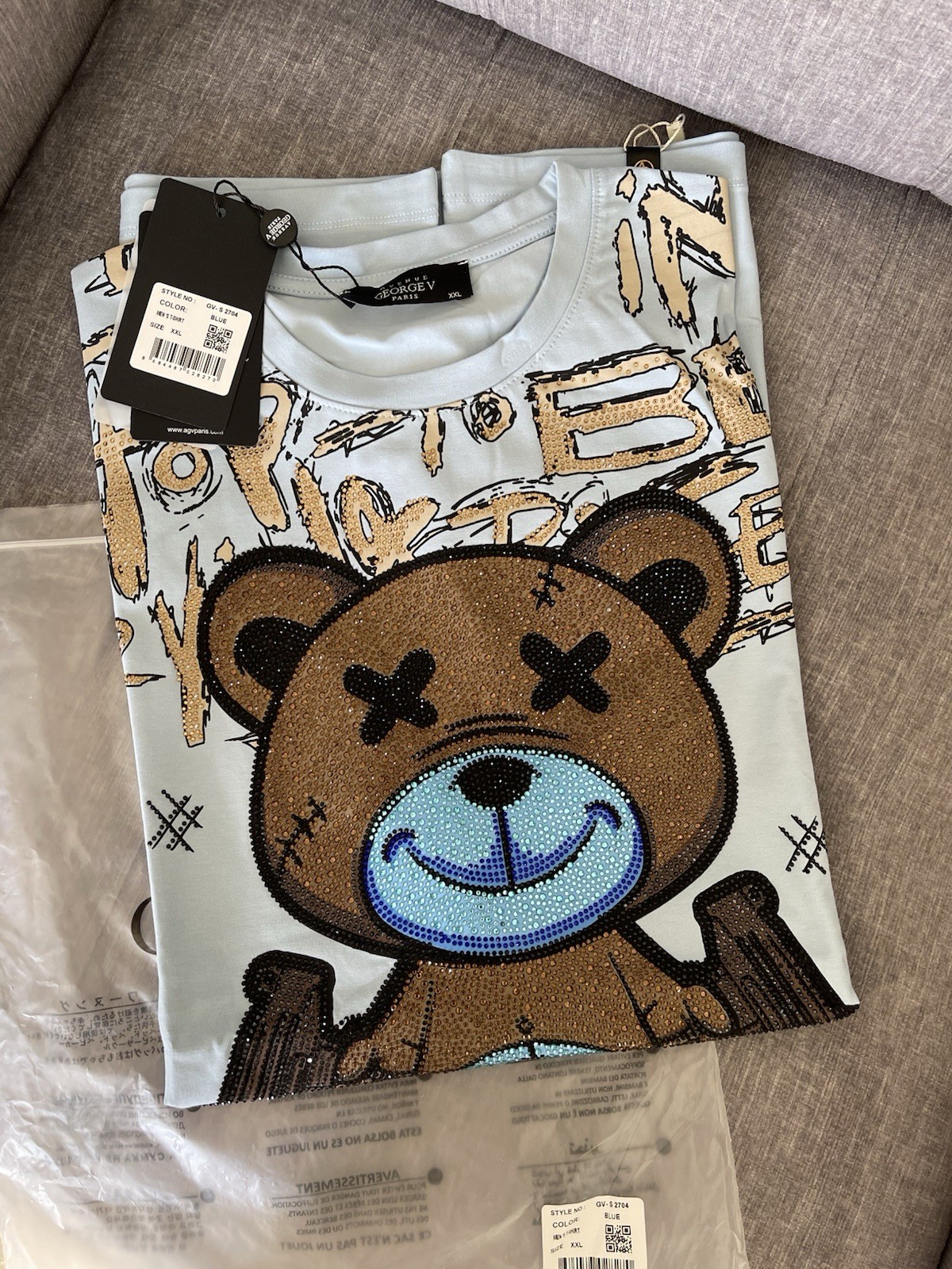 Avenue George V Paris T-Shirt Teddy Bear Rhinestone Men’s Blue fitted Tee