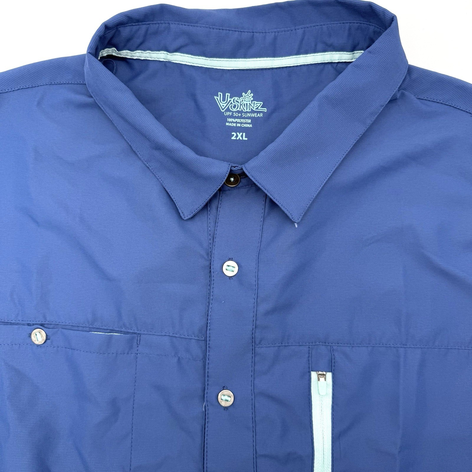 UVSkinz Button Down Men 2XL Blue UPF 50+ Sunwear Short Sleeve Utility Shirt