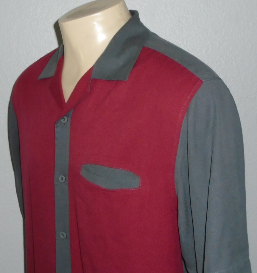 Retro Hipster Swing Lounge Rockabilly 100% Silk Button Front 2-Tone Shirt Men L