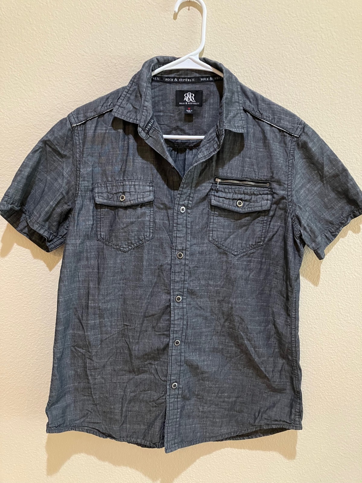 Rock & Republic Shirt Button Front Zip Pocket Distressed Gray Cotton Mens M