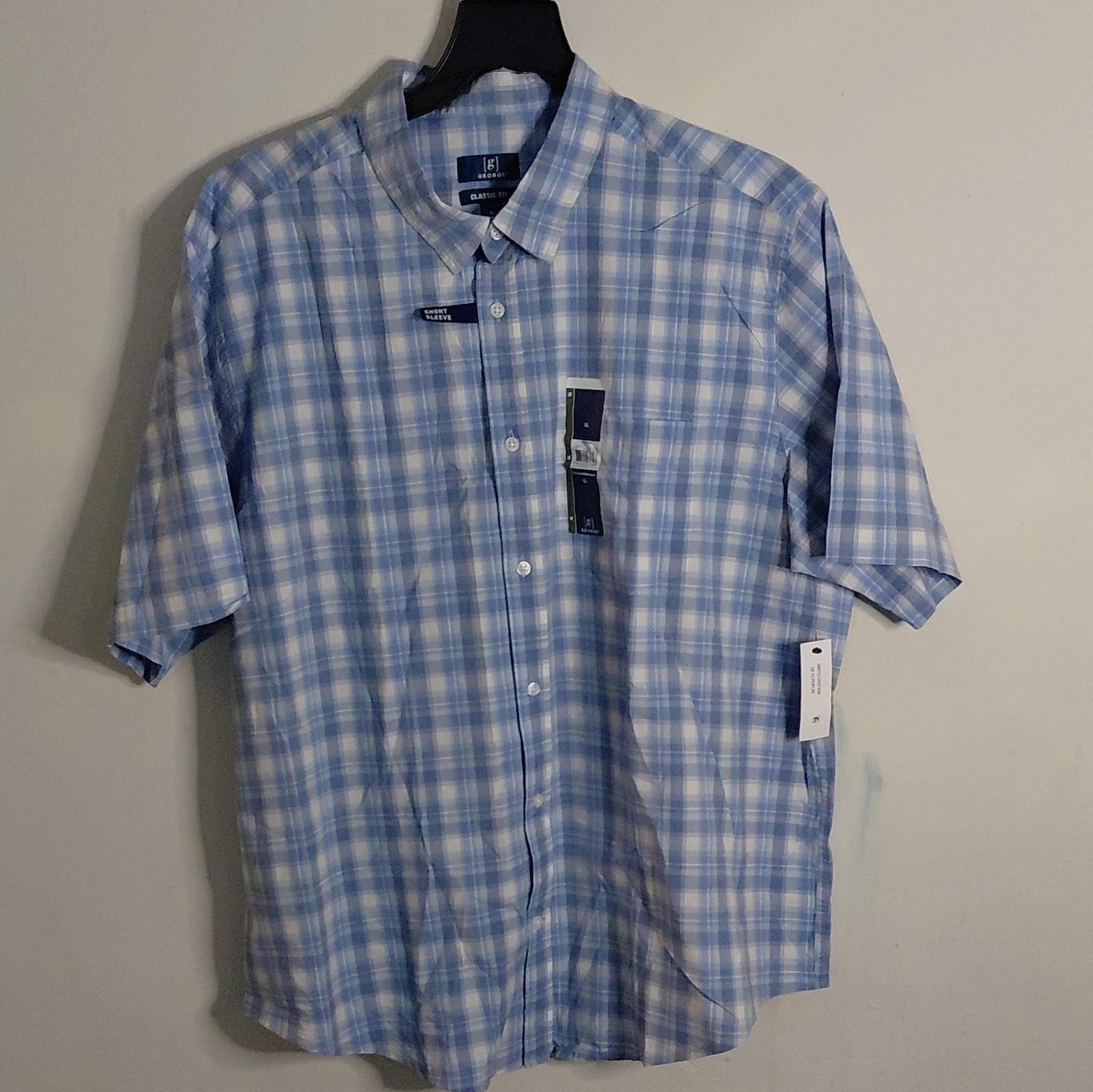 George Men’s 3XL Big & Tall Blue/White Plaid Short Sleeve Point Collar Button-Up