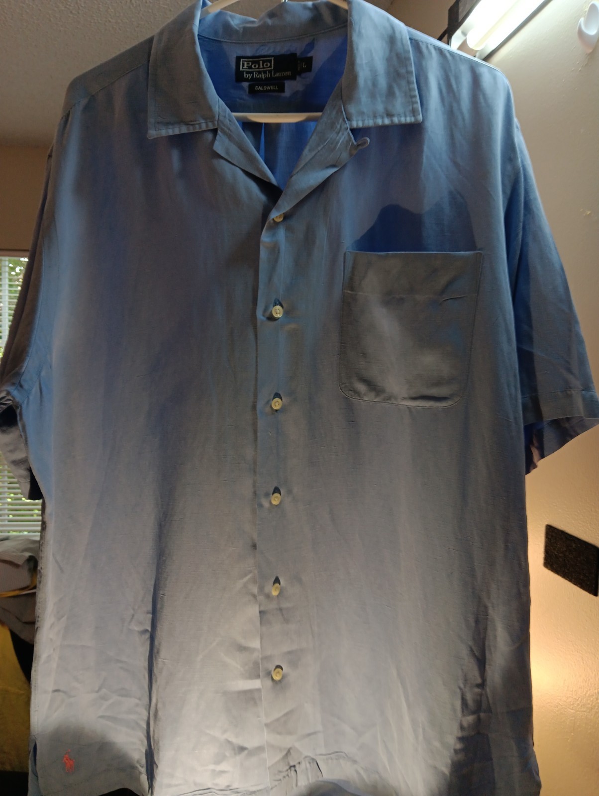 VTG Polo Ralph Lauren Shirt Mens Large Silk Linen Caldwell Loop Camp Collar Blue