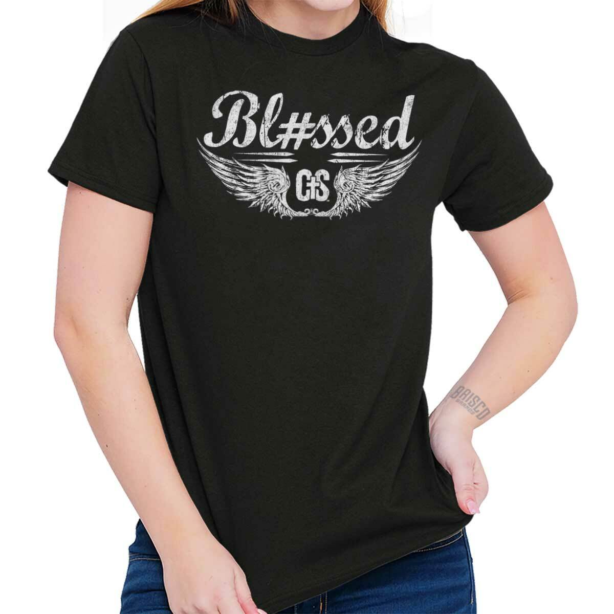 Christian Strong Hashtag Blessed Angel Wings Womens or Mens Crewneck T Shirt Tee