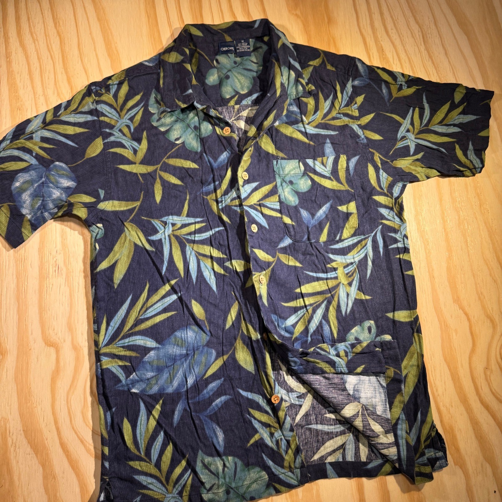 Cherokee Men’s Tropical Floral Button Down Shirt Navy Blue Green Size M RN17730