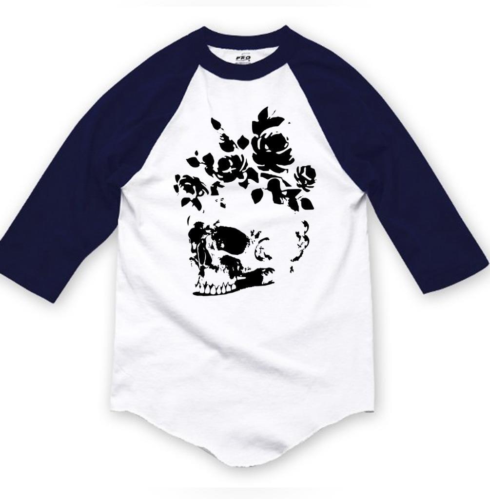 NEW PRINTED SKULL FLOWERS HIPSTER 3/4 SLEEVES REGLAN BASEBALL COTTON T-SHIRT