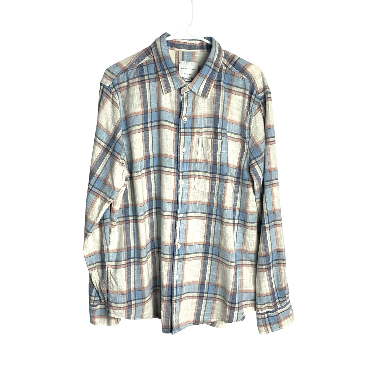American Eagle Outfitters Mens Super Soft Shirt L Blue Pink Plaid Easter Spring
