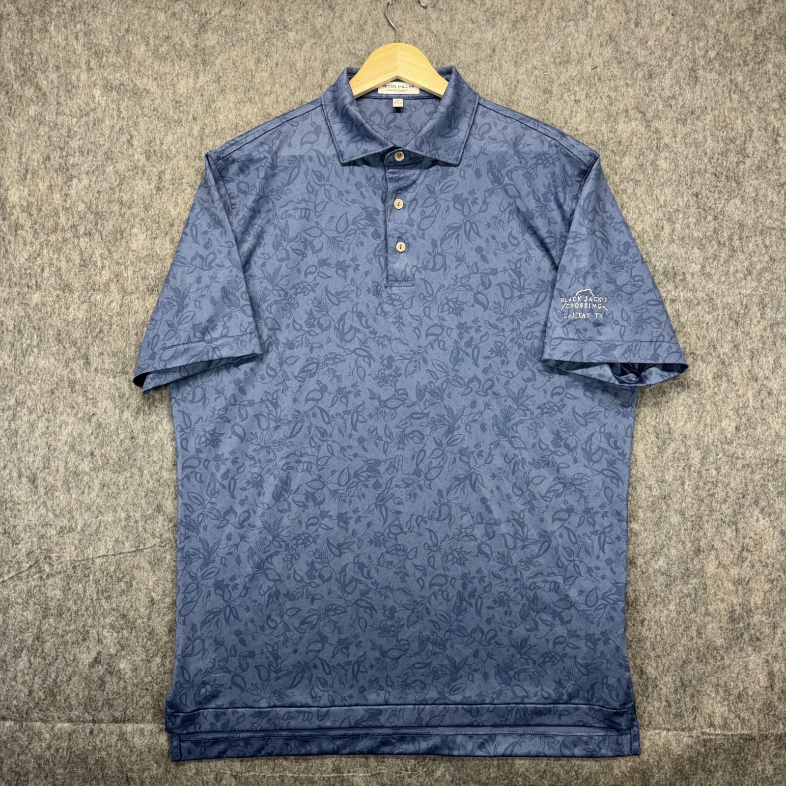 Black Jacks Crossing Peter Millar Golf Polo Shirt Medium Blue Floral Geometric