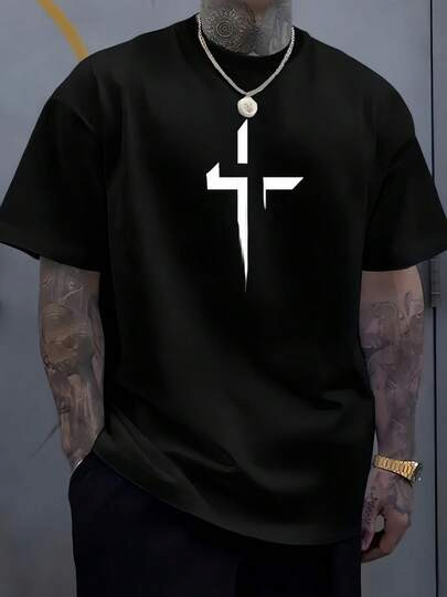 Man’ Geometric Cross Print Black TShirt Crew Neck Casual Cotton Teesize S to 5XL