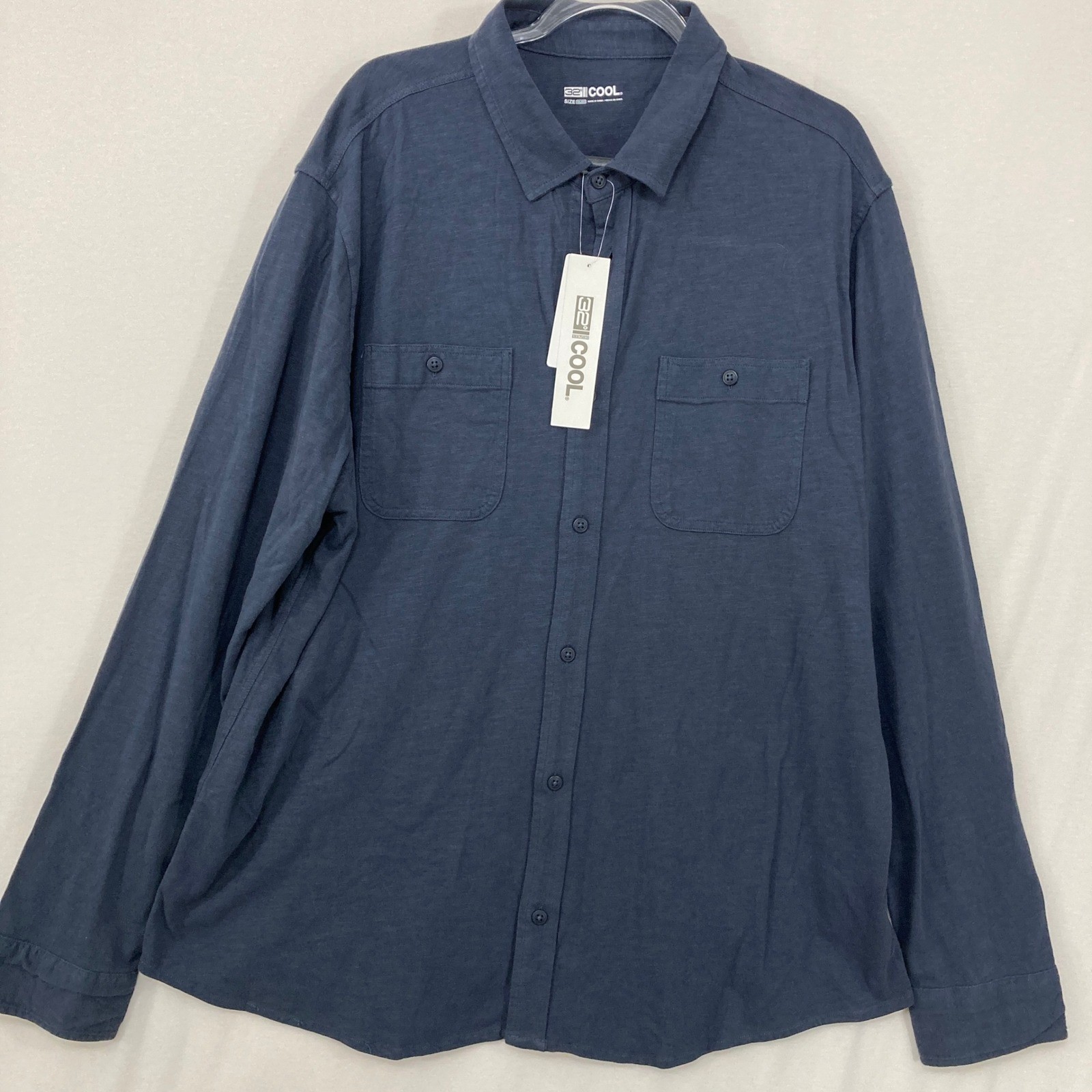 New 32 Degrees Mens Cool Shirt XXL Navy Cotton Slub Knit Button Down Stretch