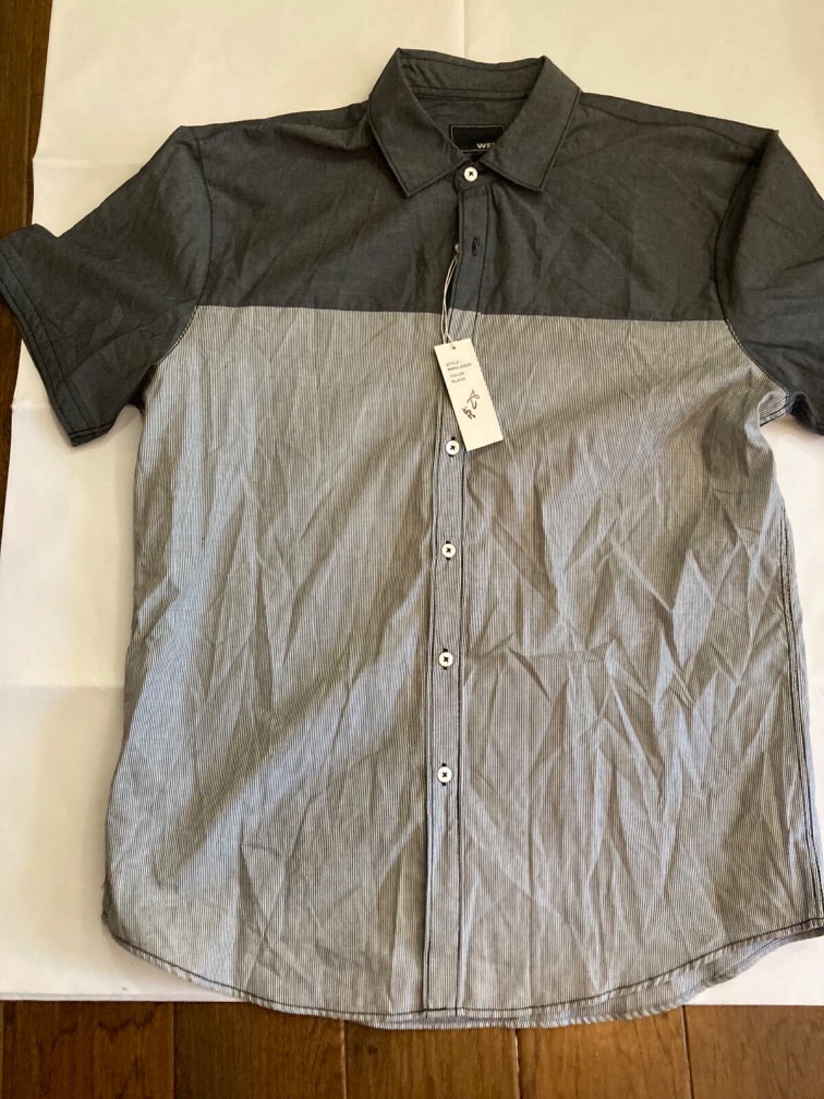 Weiv Men Cotton Blend Short Sleeve Button Up Dark Grey /Grey& White Stripe Large