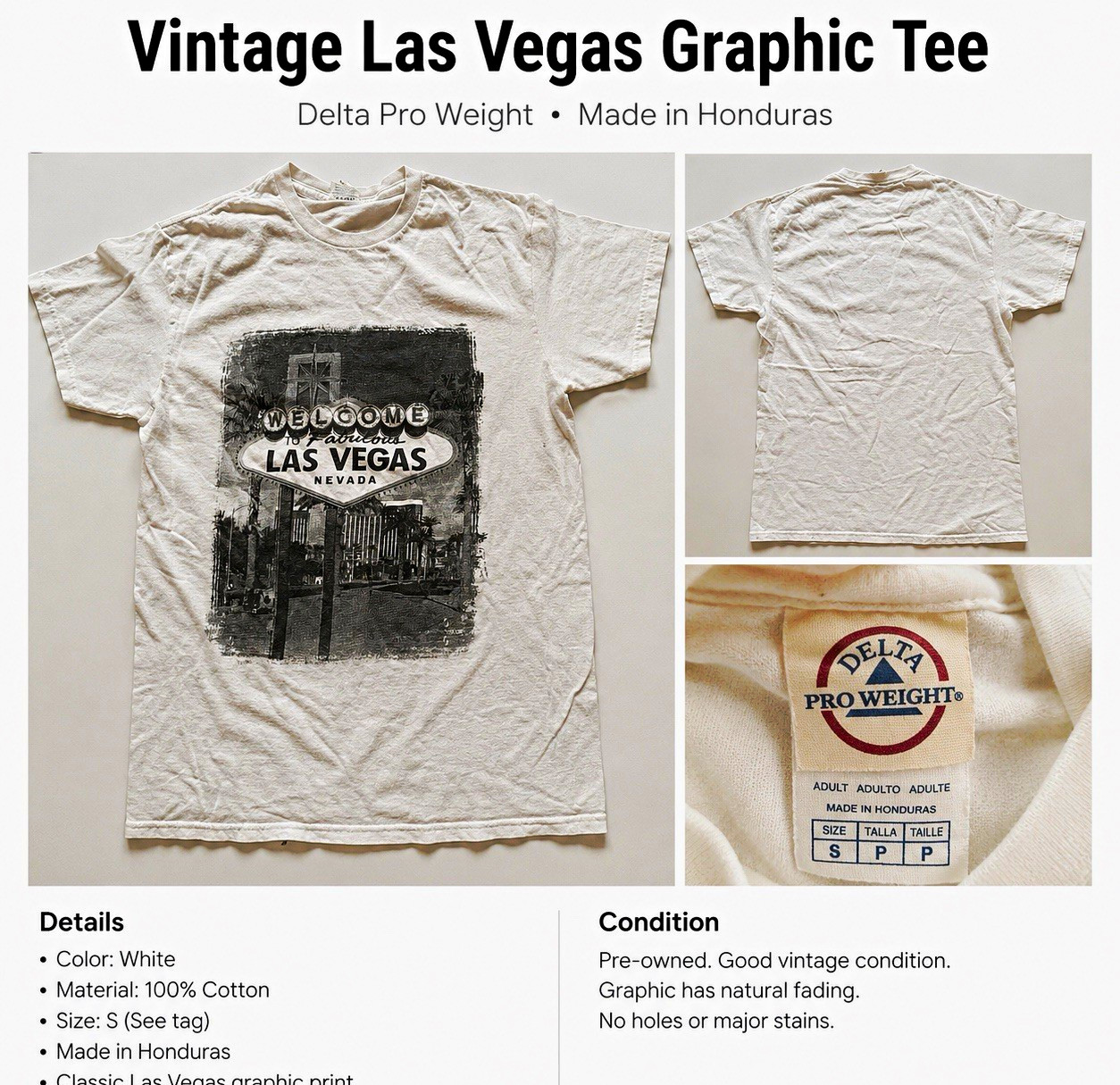 Delta Pro Weight Vintage Las Vegas Graphic Tee White Cotton Knit Crew Neck S