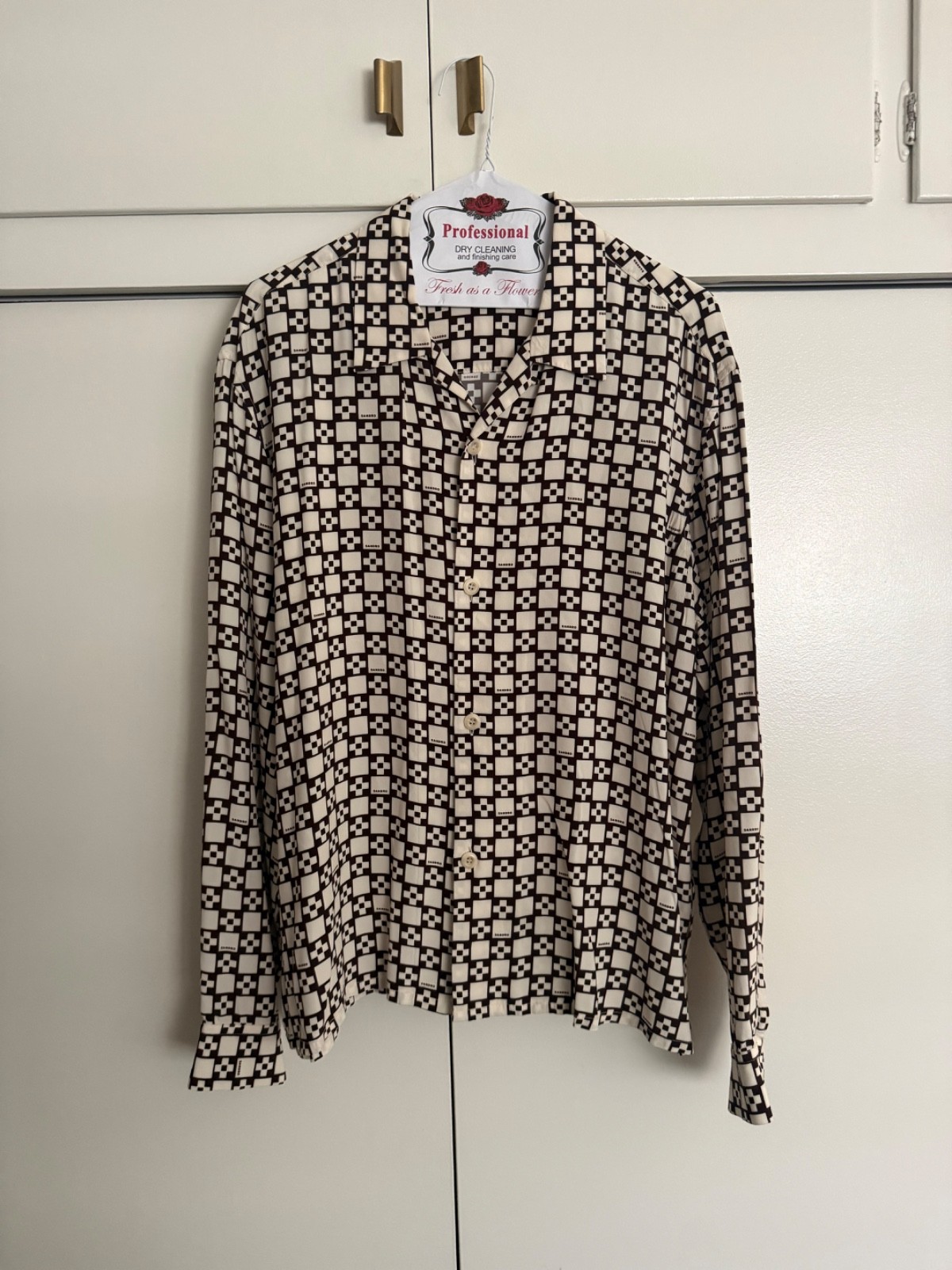 Sandro Square Cross Geometric Long Sleeve Button-Down XXL Cream / Black LV Louis