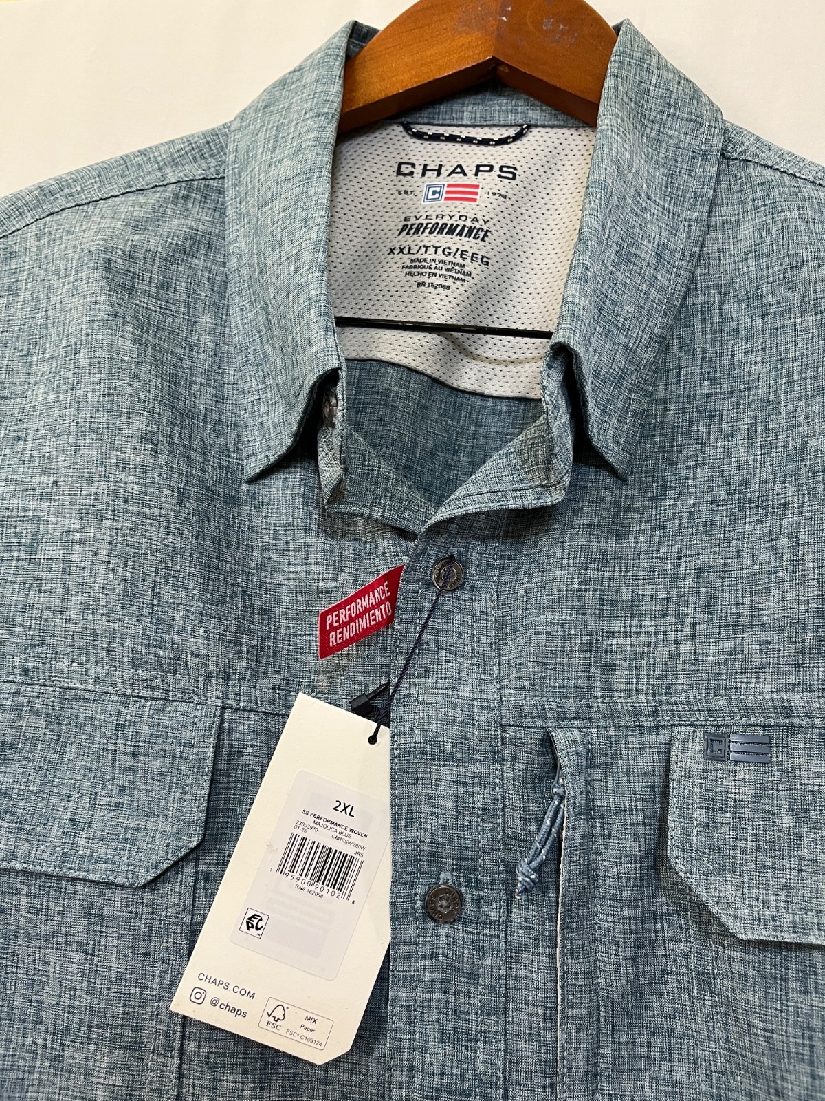 CHAPS Everyday Performance Mens Size L Short Sleeve Button Up Denim Blue New