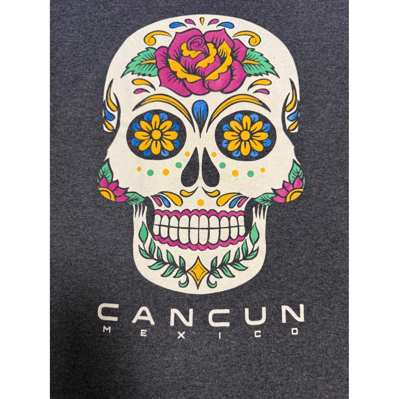 Tropical Relax Cancun Mexico Sugar Skull Graphic T-Shirt Mens Medium Gray Cotton