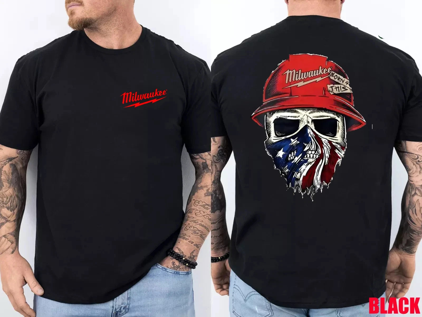 Milwaukee Tool Roughneck Skull America Flag T-Shirt, Unisex 2-Sided