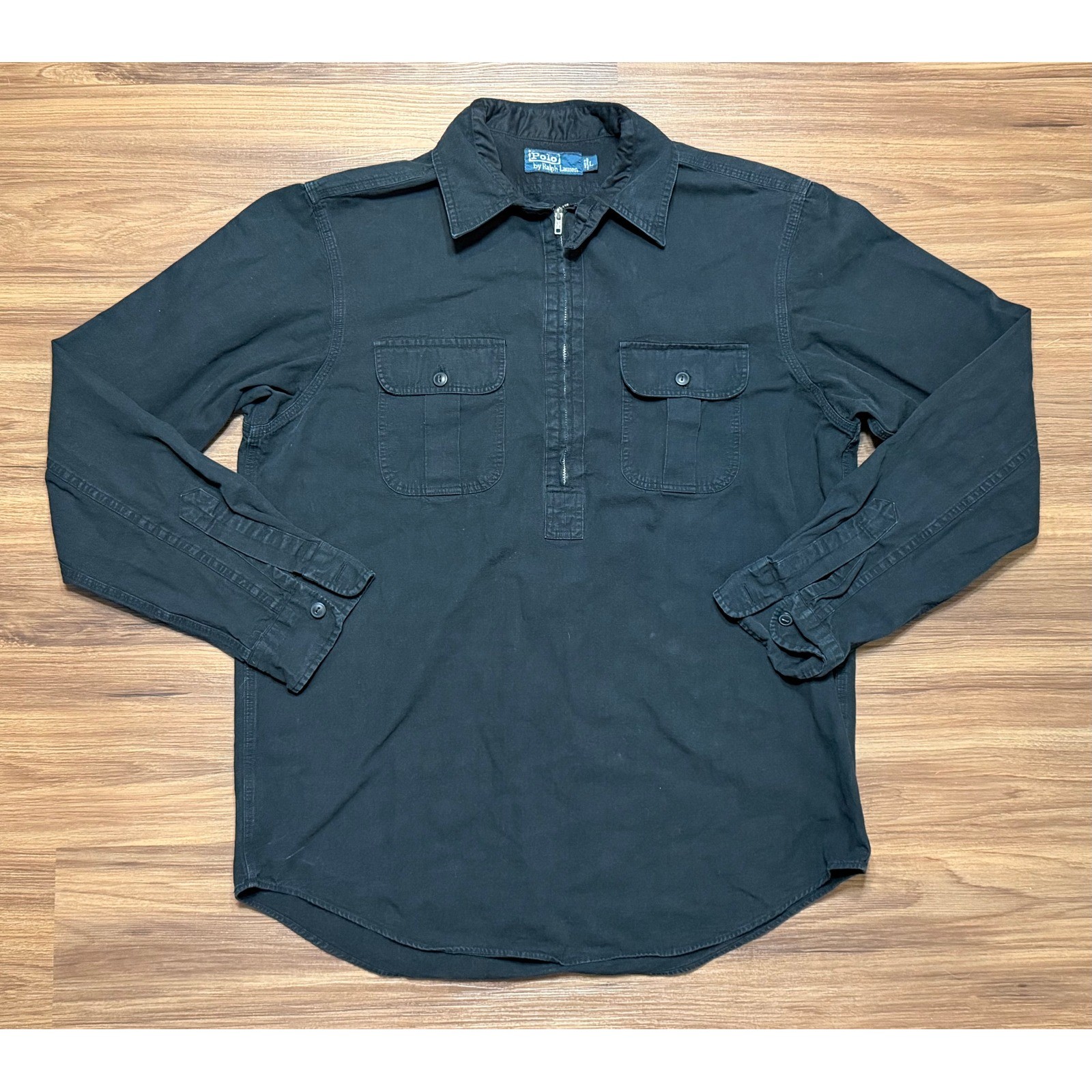 Polo Ralph Lauren Mens Black Canvas Half Zip Loop Collar Utility Shirt Sz L