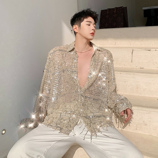 New Men Party Tassel Glitter Sequins Shirts Long Sleeve Youth Loose Tie Shirt