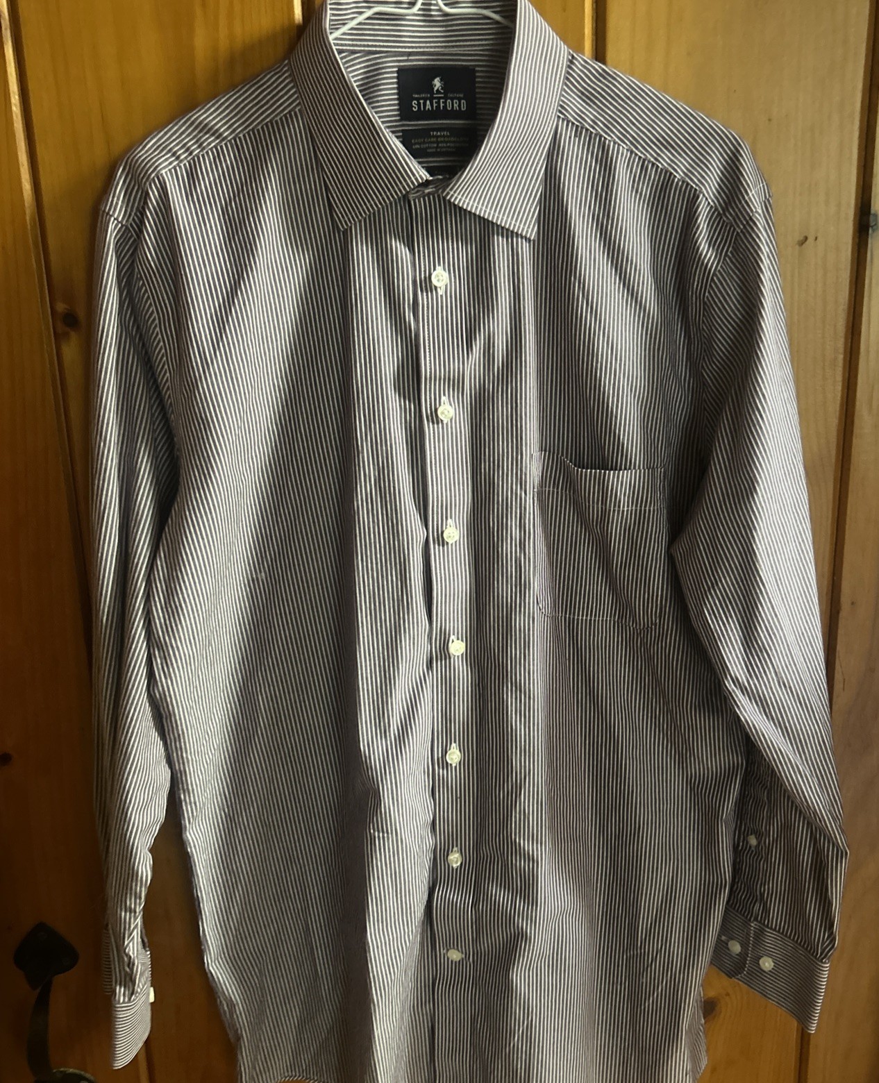Stafford Travel Easy Care Purple Stripe Broadcloth Long Sleeve Size 16 32/33 EUC